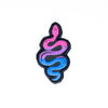 NerdyKeppie's Bi Snake Embroidered Pride Patch are shaped like their namesake and stitched on black duck cloth!