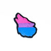 NerdyKeppie's Bi Wolf Embroidered Pride Patch are shaped like their namesake and stitched on black duck cloth!