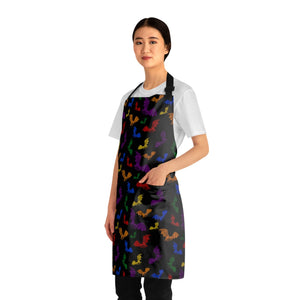 A person wearing a NerdyKeppie Engraved Bats Rainbow Gay Pride Apron With Pocket. A black apron with an Engraved Bats design on it in rainbow gay pride colors. This rainbow gay pride pocket apron is made of durable 100% polyester.