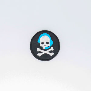 NerdyKeppie's Blue IATSE Theater Tech Jolly Roger Embroidered Patch are stitched on black duck cloth and backed by sturdy vinyl fuse.