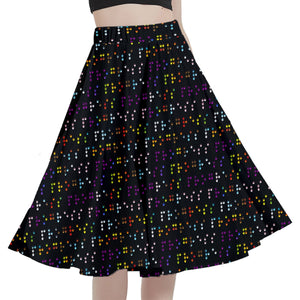 A person wearing a NerdyKeppie Braille Progress Pride Full Circle Skirt CLOSEOUT. 
