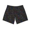 NerdyKeppie Braille Rainbow Gay Pride Swim Trunks With Pockets. A pair of swim trunks featuring a Braille design in rainbow pride colors. These gay pride swim trunks are machine washable.