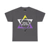 NerdyKeppie "B'tzelem Elohim" Cotton Non-Binary Pride Tee Shirt. A unisex cotton tee shirt with a "B'tzelem Elohim" design on it in non-binary pride colors. This non-binary pride tee shirt has a classic fit.