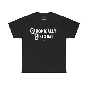NerdyKeppie "Canonically Bisexual" Cotton Bi Pride Tee Shirt. A unisex cotton tee shirt with a "Canonically Bisexual" design on it in bisexual pride colors. This bi pride tee shirt has a classic fit.