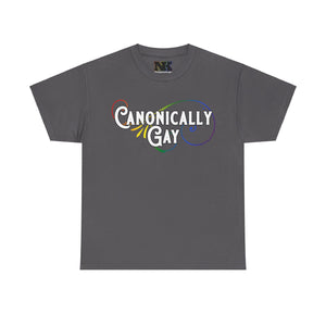 NerdyKeppie "Canonically Gay" Cotton Rainbow Gay Pride Tee Shirt. A unisex cotton tee shirt with a "Canonically Gay" design on it in rainbow pride colors. This gay pride tee shirt has a classic fit.
