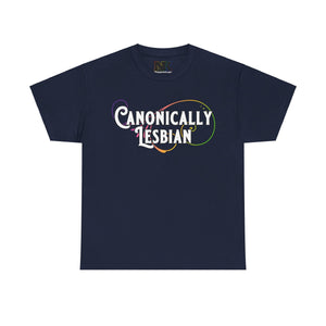 NerdyKeppie "Canonically Lesbian" Cotton Lesbian Pride Tee Shirt. A unisex cotton tee shirt with a "Canonically Lesbian" design on it in lesbian pride colors. This lesbian pride tee shirt has a classic fit.