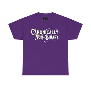 NerdyKeppie "Canonically Non-Binary" Cotton Non-Binary Pride Tee Shirt. A unisex cotton tee shirt with a "Canonically Non-Binary" design on it in non-binary pride colors. This non-binary pride tee shirt has a classic fit.