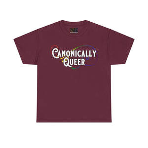 NerdyKeppie "Canonically Queer" Cotton Rainbow Gay Pride Tee Shirt. A unisex cotton tee shirt with a "Canonically Queer" design on it in rainbow gay pride colors. This queer pride tee shirt has a classic fit.