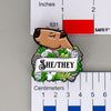 NerdyKeppie Capybara Enamel Aro Pride Pronoun Pins. Our enamel pin features an adorable capybara, a paper scroll with four different pronoun choices, and flowers in aromantic pride colors. This pride pin ships from Portland, Oregon.