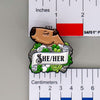 NerdyKeppie Capybara Enamel Aro Pride Pronoun Pins. Our enamel pin features an adorable capybara, a paper scroll with four different pronoun choices, and flowers in aromantic pride colors. This pride pin ships from Portland, Oregon.