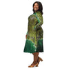 A person wearing a NerdyKeppie Carina Nebula Aro Pride Long Sleeve Midi Dress With Pockets. 