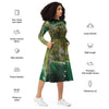 A person wearing a NerdyKeppie Carina Nebula Aro Pride Long Sleeve Midi Dress With Pockets. 