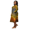 A person wearing a NerdyKeppie Carina Nebula Bear Pride Long Sleeve Midi Dress With Pockets. 