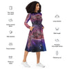 A person wearing a NerdyKeppie Carina Nebula Bi Pride Long Sleeve Midi Dress With Pockets. 