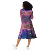 A person wearing a NerdyKeppie Carina Nebula Bi Pride Long Sleeve Midi Dress With Pockets. 