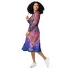 A person wearing a NerdyKeppie Carina Nebula Bi Pride Long Sleeve Midi Dress With Pockets. 