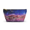 NerdyKeppie Carina Nebula Bi Pride Zipper Pouch with T-Bottom. A zippered accessory/makeup bag featuring a t-bottom and a Carina Nebula pattern in bisexual pride colors. This bi pride zipper pouch is fully lined and comes in two sizes.