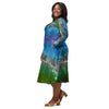 A person wearing a NerdyKeppie Carina Nebula Gay Men's Pride Long Sleeve Midi Dress With Pockets. 