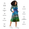 A person wearing a NerdyKeppie Carina Nebula Gay Men's Pride Long Sleeve Midi Dress With Pockets. 