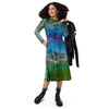 A person wearing a NerdyKeppie Carina Nebula Gay Men's Pride Long Sleeve Midi Dress With Pockets. 