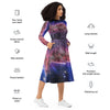 A person wearing a NerdyKeppie Carina Nebula Genderfluid Pride Long Sleeve Midi Dress With Pockets. 