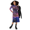 A person wearing a NerdyKeppie Carina Nebula Genderfluid Pride Long Sleeve Midi Dress With Pockets. 