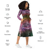 A person wearing a NerdyKeppie Carina Nebula Lesbian Pride Long Sleeve Midi Dress With Pockets. 