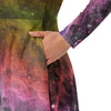 A person wearing a NerdyKeppie Carina Nebula Lesbian Pride Long Sleeve Midi Dress With Pockets. 