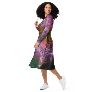 A person wearing a NerdyKeppie Carina Nebula Lesbian Pride Long Sleeve Midi Dress With Pockets. 