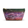 NerdyKeppie Carina Nebula Lesbian Pride Zipper Pouch with T-Bottom. A zippered accessory/makeup bag featuring a t-bottom and a Carina Nebula pattern in lesbian pride colors. This lesbian pride zipper pouch is fully lined and comes in two sizes.