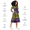 A person wearing a NerdyKeppie Carina Nebula Non-Binary Pride Long Sleeve Midi Dress With Pockets. 