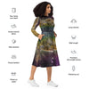 A person wearing a NerdyKeppie Carina Nebula Pan Pride Long Sleeve Midi Dress With Pockets. 