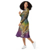 A person wearing a NerdyKeppie Carina Nebula Pan Pride Long Sleeve Midi Dress With Pockets. 