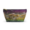 NerdyKeppie Carina Nebula Pan Pride Zipper Pouch with T-Bottom. A zippered accessory/makeup bag featuring a t-bottom and a [PATTERN] pattern in pansexual pride colors. This pan pride zipper pouch is fully lined and comes in two sizes.
