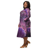 A person wearing a NerdyKeppie Carina Nebula Queer Pride Long Sleeve Midi Dress With Pockets. 
