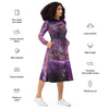 A person wearing a NerdyKeppie Carina Nebula Queer Pride Long Sleeve Midi Dress With Pockets. 