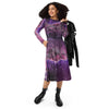 A person wearing a NerdyKeppie Carina Nebula Queer Pride Long Sleeve Midi Dress With Pockets. 