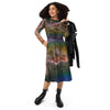 A person wearing a NerdyKeppie Carina Nebula Rainbow Gay Pride Long Sleeve Midi Dress With Pockets. 