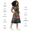 A person wearing a NerdyKeppie Carina Nebula Rainbow Gay Pride Long Sleeve Midi Dress With Pockets. 