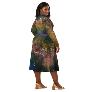 A person wearing a NerdyKeppie Carina Nebula Rainbow Gay Pride Long Sleeve Midi Dress With Pockets. 