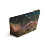 NerdyKeppie Carina Nebula Rainbow Gay Pride Zipper Pouch with T-Bottom. A zippered accessory/makeup bag featuring a t-bottom and a Carina Nebula pattern in rainbow pride colors. This gay pride zipper pouch is fully lined and comes in two sizes.