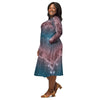 A person wearing a NerdyKeppie Carina Nebula Trans Pride Long Sleeve Midi Dress With Pockets. 