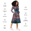 A person wearing a NerdyKeppie Carina Nebula Trans Pride Long Sleeve Midi Dress With Pockets. 