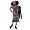 A person wearing a NerdyKeppie Carina Nebula Trans Pride Long Sleeve Midi Dress With Pockets. 