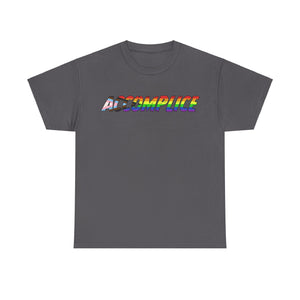 NerdyKeppie "Accomplice" Cotton Progress Pride Tee Shirt. A unisex cotton tee shirt with an "Accomplice" design on it in rainbow pride colors. This gay pride tee shirt has a classic fit.