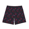 NerdyKeppie Dino Bones Bi Pride Swim Trunks With Pockets. A pair of swim trunks featuring a Dino Bones design in bisexual pride colors. These bi pride swim trunks are machine washable.