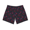 NerdyKeppie Dino Bones Bi Pride Swim Trunks With Pockets. A pair of swim trunks featuring a Dino Bones design in bisexual pride colors. These bi pride swim trunks are machine washable.