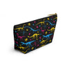 NerdyKeppie Dino Bones Pan Pride Zipper Pouch with T-Bottom. A zippered accessory/makeup bag featuring a t-bottom and a Dino Bones pattern in pansexual pride colors. This pride zipper pouch is fully lined and comes in two sizes.