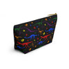 NerdyKeppie Dino Bones Rainbow Gay Pride Zipper Pouch with T-Bottom. A zippered accessory/makeup bag featuring a t-bottom and a Dino Bones pattern in rainbow gay pride colors. This pride zipper pouch is fully lined and comes in two sizes.