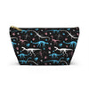 NerdyKeppie Dino Bones Trans Pride Zipper Pouch with T-Bottom. A zippered accessory/makeup bag featuring a t-bottom and a Dino Bones pattern in trans pride colors. This pride zipper pouch is fully lined and comes in two sizes.